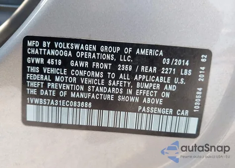 2014 Volkswagen Passat 1.8T Sport from USA, damaged, VIN 1VWBS7A31EC083686